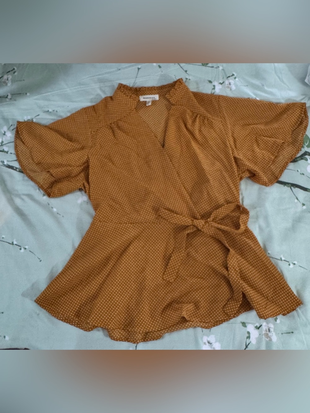 Mossimo Supply Co. Mustard Wrap Peplum Top with Tiny Dot Print